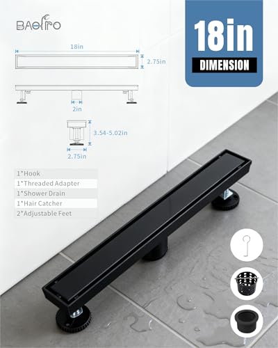 18 Inch Matte Black Linear Shower Drain | CUPC Certified 2-in-1 Tile Insert for Curbless Showers. 304 Steel, 15.8GPM Flow. Includes Hair Catcher & Adjustable Feet. - color: Matte Black, size: 18in