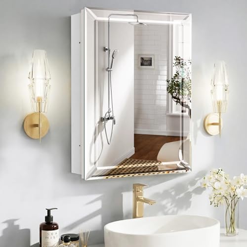 Bathroom Medicine Cabinet with 22x30 Inch Frameless Beveled Edge Mirror, Surface/Recessed Mount Vanity Storage Cabinet for Bathroom/Living Room/Bed Room - size: AL-WF1001-2230