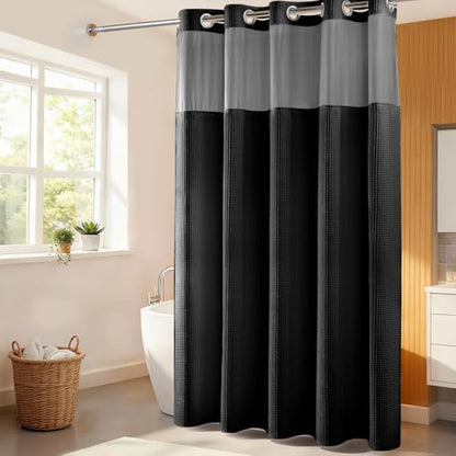 River Dream Cotton Blend Fabric Shower Curtain Set with Liner, Black, 71x86 | Waffle Weave, No Hook Needed, with Snap in Replacement Liner, Top Sheer Window, Hotel Quality for Bathroom, Extra Long - color: Black, size: 71"W x 86"L (Pack of 1)