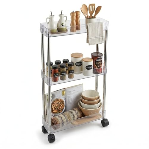 American Dream Home Chrome/Clear Acrylic Slim 3-Tier Rolling Cart Portable Narrow Storage Trolley with Wheels, Transparent Shelves for Bathroom, Kitchen, Office & Small Spaces - size: Medium