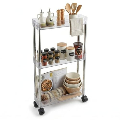 American Dream Home Chrome/Clear Acrylic Slim 3-Tier Rolling Cart Portable Narrow Storage Trolley with Wheels, Transparent Shelves for Bathroom, Kitchen, Office & Small Spaces - size: Medium