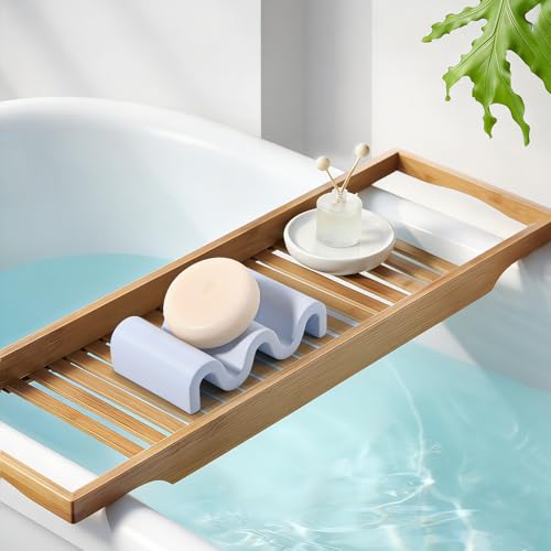 Diatomite Soap Dish Bar Soap Holder Wave Texture Sponge Tray, Blue | Quick Drying, Self Draining Design Helps Keep Bar Soap Dry for Bathroom Sink, Shower & Kitchen - color: Blue