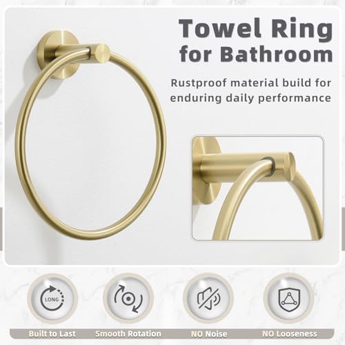 Brushed Gold Bath Towel Ring, 304 Stainless Steel Heavy Duty Towel Holder for Bathroom, Wall Mounted - color: Brushed Gold, size: Standard Size