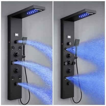 6 In1 LED Shower Panel Tower Rainfall ＆ Waterfall System 8 Body Massage Jet | POPLFY Stainless Steel Wall Mount Shower Column Towers with Temperature Display, Tub Spout, Matt Black - color: 8 Jets-Matt Black