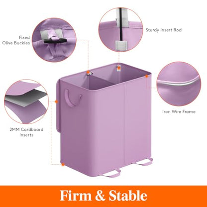 Lifewit Double Laundry Hamper with Lid and Removable Laundry Bags, Large Collapsible 2 Dividers Dirty Clothes Basket with Handles for Bedroom Laundry Room Closet Bathroom College, 136L Purple - color: Purple, size: 136L