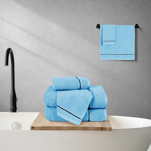MyOwn Ultra Soft 6 Pack Cotton Towel Set, Contains 2 Bath Towels 28x55 inch, 2 Hand Towels 16x24 inch & 2 Wash Coths 12x12 inch, Ideal Everyday use, Compact & Lightweight - Sky Blue - color: Sky Blue, size: 6 Piece Set