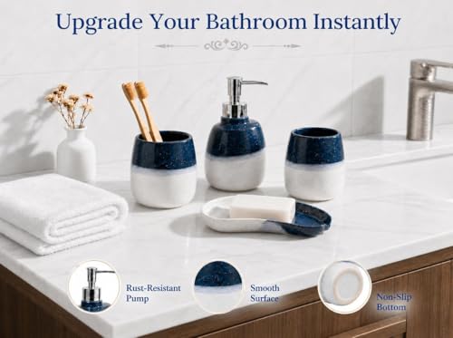 Ceramic Bathroom Accessories Set of 4 Gradient White and Blue Washing Set | Includes 2 Gargle Cups, 1 Soap Dish, 1 Lotion Dispenser, Ideal For Home Decor And Gift
