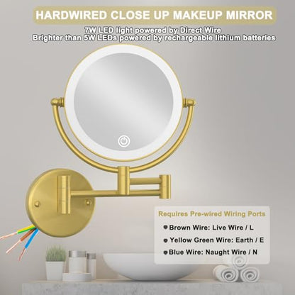 Wall Mounted Lighted Makeup Mirror with Magnification 10X, Rechargeable | 8 Inch 2 Sided, 3 Color LED, Touch Dimmable, 360 Rotatio Brass Swivel Extendable Arm, Bathroom Shaving Vanity, Brushed Gold - color: Brushed Gold