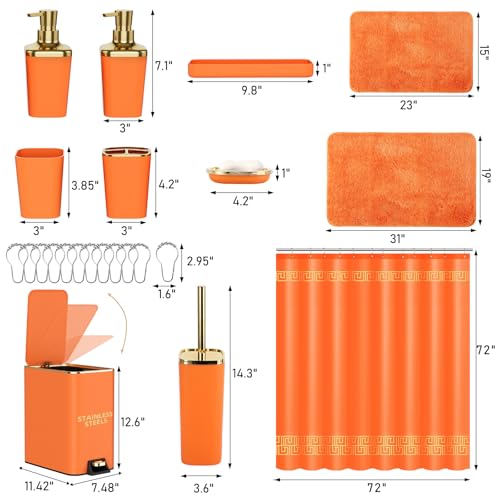 XLHOMO 11PCS Bathroom Sets with Shower Curtain and Rugs Bathroom Accessories Set Orange Bathroom Set,Soap Dispenser & Toilet Brush Holder Set with Stainless Steel Trash Can - size: Orange, style: Bath Set+Shower Curtain+Bath Rugs