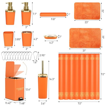 XLHOMO 11PCS Bathroom Sets with Shower Curtain and Rugs Bathroom Accessories Set Orange Bathroom Set,Soap Dispenser & Toilet Brush Holder Set with Stainless Steel Trash Can - size: Orange, style: Bath Set+Shower Curtain+Bath Rugs