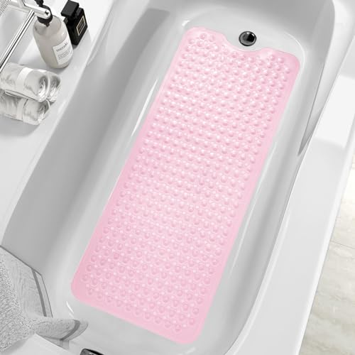 MOONFLY Shower and Bathtub Mat,40x16 Inches,Extra Long Non Slip Mats with Suction Cups and Drain Holes, Machine Washable and Anti Slip Bathmats, Bathroom Mats for Tub Nonslip (Clear Pink) - color: Clear Pink