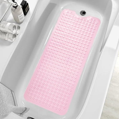 MOONFLY Shower and Bathtub Mat,40x16 Inches,Extra Long Non Slip Mats with Suction Cups and Drain Holes, Machine Washable and Anti Slip Bathmats, Bathroom Mats for Tub Nonslip (Clear Pink) - color: Clear Pink