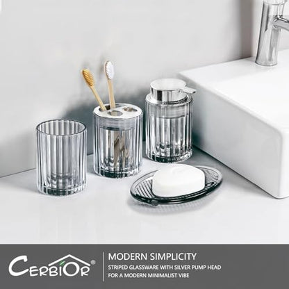 CERBIOR Bathroom Accessories Set, 4 PCS Glass Bathroom Set,Silver Grey | Includes Soap Dispenser, Toothbrush Holder, Toothbrush Cup, Soap Dish for Decorative Countertop and Housewarming Gift - style: Silver Grey