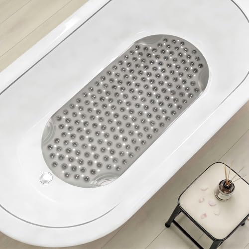 Anti Slip Bathtub Mat,Non Slip Bath Mat,16x35 Inch Extra Long Tub Mat,Machine Washable Bathroom Shower Mat with Suction Cups and Drainage Holes,Soft on Feet (Grey) - color: Clear Grey