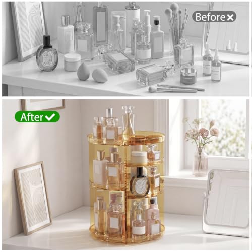 Rotating Makeup Organizer, DIY 8 Adjustable Layers Spinning Skincare Storage, Cosmetic Display Case with Brush Holder and Perfume Tray, Multi-Function Vanity Bathroom Countertop Organizer Clear Gold - color: Clear Gold