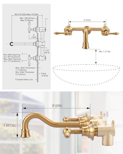 Gold Bathroom Faucet Wall Mount: WOWOW Antique Bathroom Sink Faucet 2 Handle Lavatory Faucet 3 Hole Tap and Rough-in Valve Included - color: Brushed Gold