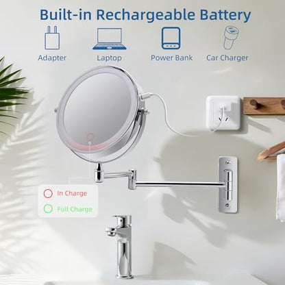Wall Mounted Lighted Makeup Mirror, 8" Rechargeable Double Sided 1X/10X Magnifying Mirror with Light, 3 Color Lights, Touch Dimmable, Extendable Arm 360° Rotation, Chrome, Bathroom Vanity Mirror