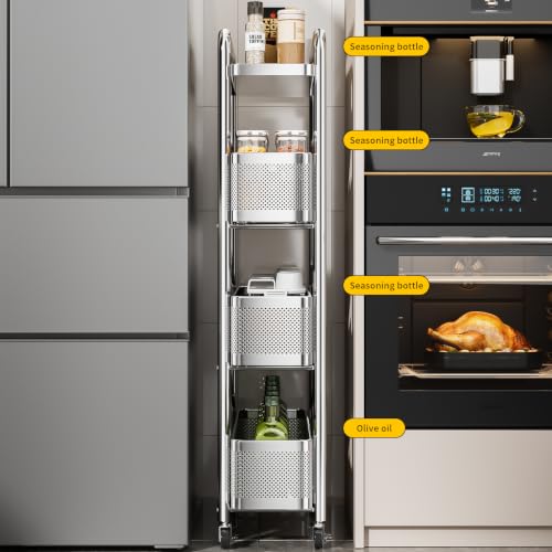 4-Tier Slim Storage Cart with 3 Slide-Out Drawers, 6.3" Sturdy Stainless Steel Rolling Utility Cart Organizer for Narrow Space, Kitchen, Bathroom, Laundry Room, Pantry, Stable & Rustproof