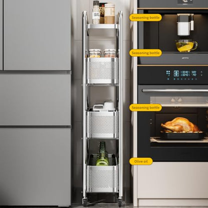 4-Tier Slim Storage Cart with 3 Slide-Out Drawers, 6.3" Sturdy Stainless Steel Rolling Utility Cart Organizer for Narrow Space, Kitchen, Bathroom, Laundry Room, Pantry, Stable & Rustproof