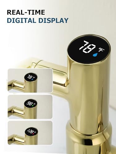 Rotatable Bathroom Faucet with Temperature Display in Fahrenheit (Batteries-Free), 3 Water Outlet Modes, Polished Gold, BF2204-5 - color: Polished Gold