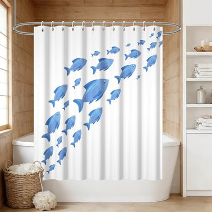 Yeele Blue School of Fish Shower Curtain, Nautical Coastal Ocean Print Shower Curtain Set, Waterproof Machine Washable Fabric Curtain 60x72 Inch with Hooks - color: Blue White 2, size: 60"Wx72"L