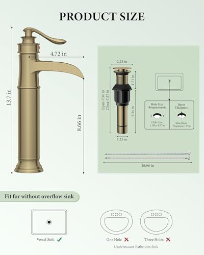 Homevacious Vessel Sink Faucet Brushed Gold Waterfall Tall Bathroom Faucet | Single Handle 1 Hole Bowl Sink Faucet with Pop Up Drain Assembly and Water Supply Hose Commercial Lavatory Mixer Tap - color: Brushed Gold