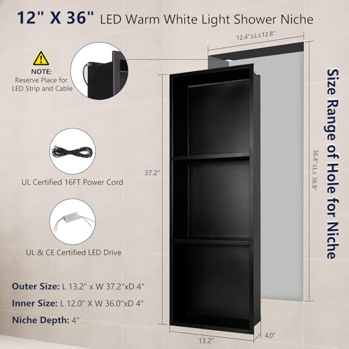 LED Shower Niche 12 X 36 Shower Niche No Tile Needed | 304 Stainless Steel Shower Niche with 3000K Warm Light, IP65 Waterproof Bathroom Niche for Shower, Remote Control, Seamless - color: Matte Black-warm White, size: 12" X 36"