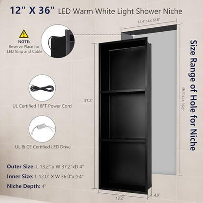 LED Shower Niche 12 X 36 Shower Niche No Tile Needed | 304 Stainless Steel Shower Niche with 3000K Warm Light, IP65 Waterproof Bathroom Niche for Shower, Remote Control, Seamless - color: Matte Black-warm White, size: 12" X 36"