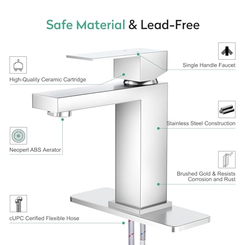 Faustina Polished Chrome Bathroom Faucet, Single Handle Stainless Steel Bathroom Vanity Faucet with Metal Pop-Up Drain and Deck Plate for 1 or 3 Hole - color: Chrome, style: Classic