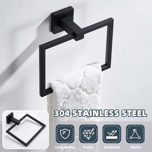 Matte Black Square Towel Holder for Bathroom, 304 Stainless Steel | 180° Rotating Ring for Easy Towel Access, 6.3" Inner Ring, Quiet & Smooth Operation, Easy Drilling Wall Mounted, Modern Style - color: Matte Black