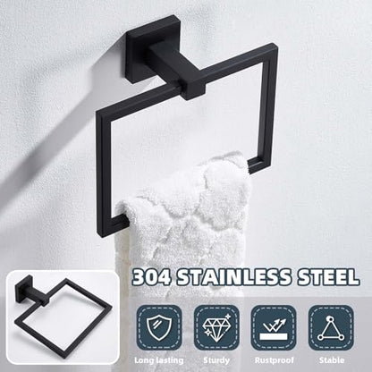 Matte Black Square Towel Holder for Bathroom, 304 Stainless Steel | 180° Rotating Ring for Easy Towel Access, 6.3" Inner Ring, Quiet & Smooth Operation, Easy Drilling Wall Mounted, Modern Style - color: Matte Black