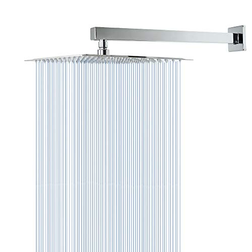 Shower Head with Extension Arm, High Pressure Square with ShowerArm, Stainless Steel Rainfall -Waterfall Full Body Coverage (12'' Shower with 16'' Arm, Chrome) - color: Chrome, size: 12'' Shower with 16'' Arm
