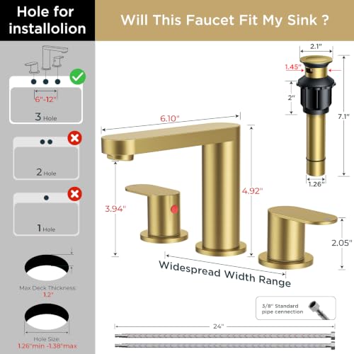 QFN Bathroom Faucet 3 Hole 8" Widespread Vanity Sink Faucet Brushed Gold | 304 Stainless Steel Bathroom Sink Faucet with Pop-up Drain, 6-12 Inch 3 Hole Install, for RV Laundry Farmhouse Restroom Sink - color: Brushed Gold, style: Round