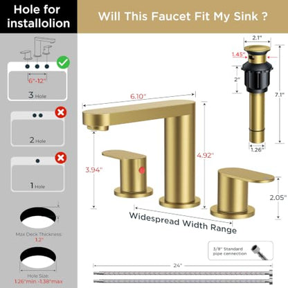 QFN Bathroom Faucet 3 Hole 8" Widespread Vanity Sink Faucet Brushed Gold | 304 Stainless Steel Bathroom Sink Faucet with Pop-up Drain, 6-12 Inch 3 Hole Install, for RV Laundry Farmhouse Restroom Sink - color: Brushed Gold, style: Round