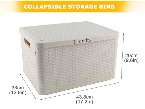 Laundry Hamper with Lid, Plastic Laundry Baskets, Dirty Clothes Hamper, Hampers for Bedroom and Bathroom, Large Capacity Clothing Storage Bin for Closet Organization, Space Saving Design