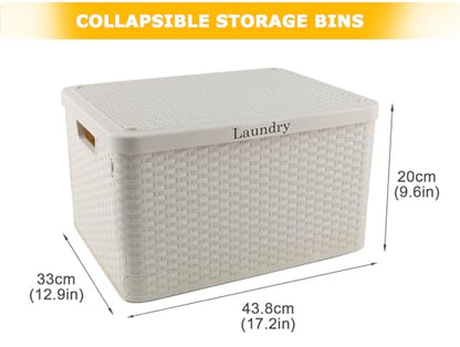 Laundry Hamper with Lid, Plastic Laundry Baskets, Dirty Clothes Hamper, Hampers for Bedroom and Bathroom, Large Capacity Clothing Storage Bin for Closet Organization, Space Saving Design