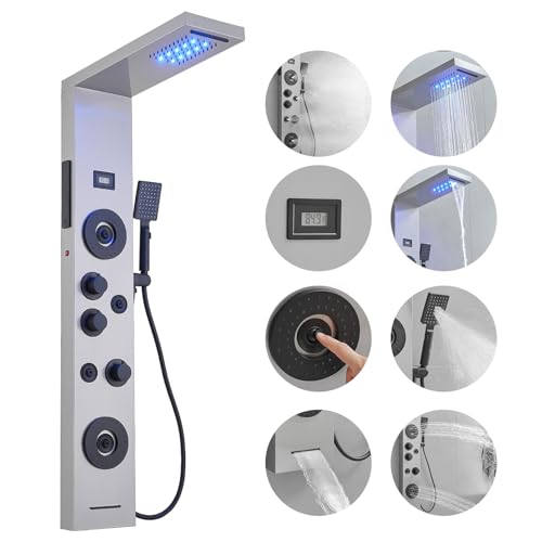 BWE Stainless Steel Shower Panel Tower System,LED Rainfall Waterfall Shower Head,4 Massage Body Jets,3 Functions Handhels Shower and Waterfall Tub Spout,Wall Mounted Shower Panel with Temp Display - color: Brushed Nickel and Black