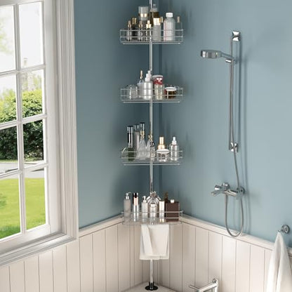 Adjustable Shower Caddy Corner for Bathroom, 4-Tier Rustproof Bathroom Organizer Shelves with Tension Pole, Floor Standing Bath Rack for Bathtub Shampoo Storag, Silver