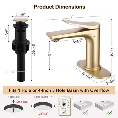 Rbrohant Single Hole Bathroom Faucet, Brushed Gold Single Handle Bathroom Sink Faucets for 1 Hole or 3 Hole, Bathroom Vanity Faucet with Pop up Drain and Cover Plate, Deck Mount, R2001-BGP - color: Brushed Gold, style: With Escutcheon