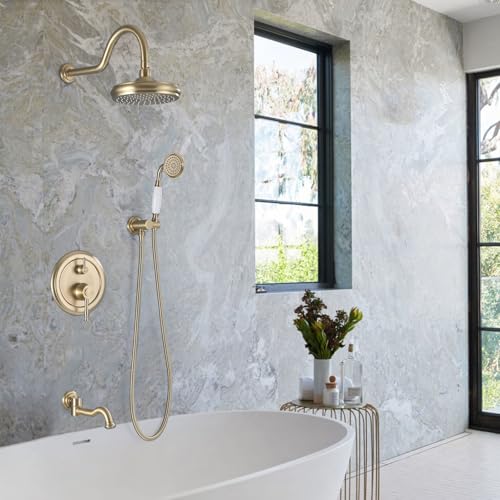 Rainfall Shower System with Handheld Sprayer,Brushed Gold Antique Shower Faucet Sets,Shower Fixture Combo with Brass Pressure Balance Valve,Complete Shower System Kit with Foldable Tub Spout - color: Brushed Gold