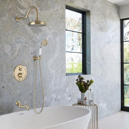 Rainfall Shower System with Handheld Sprayer,Brushed Gold Antique Shower Faucet Sets,Shower Fixture Combo with Brass Pressure Balance Valve,Complete Shower System Kit with Foldable Tub Spout - color: Brushed Gold