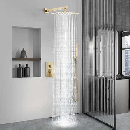 Aolemi Shower Faucet Set with Handheld Brushed Gold 10 Inch Head | Pressure Balance Shower Valve and Trim Kit,SUS304 Rain Head and Handle System,All Metal,Wall Mount,Bathroom,Handheld Spray - color: Gold, size: 10 Inch Wall Mount Shower Head