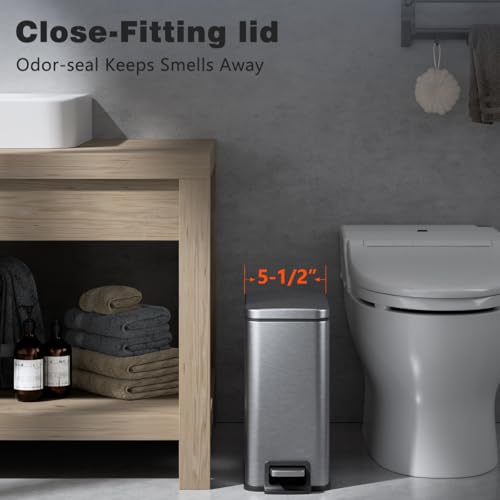 Slim Bathroom Trash Can with Lid Soft Close, 1.6 Gallon Stainless Steel Garbage Can with Removable Inner Bucket, Durable Step Pedal, Small Trash Bins for Toilet, Bedroom, Kitchen, Office - color: Silver, size: 1.6 Gallon