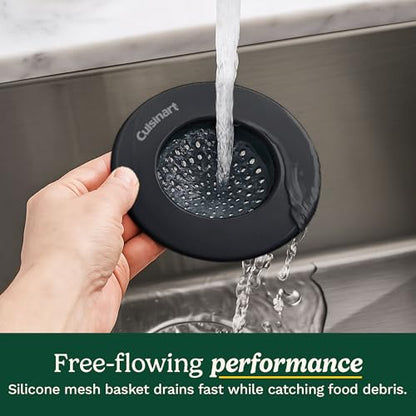 Cuisinart Stainless Steel Kitchen Sink Drain Strainer, 2-Pack, 4.35" | Fits standard 3.5in drains, silicone base and mesh, scratch-safe on steel or porcelain, enamel-coated to resist rust - color: Black