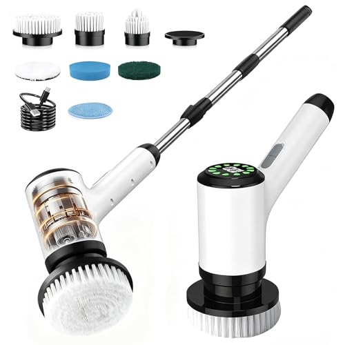 Cordless Electric Spin Scrubber with 7 Brush Heads, White-te1 | Adjustable long handle for shower, tile, grout, sink, tub, floor, and car wheel cleaning - size: 7heads