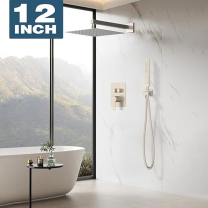 Rainfall Shower System, STARBATH 12 inch Wall Mounted Rain Shower Head with Handheld Spray, Push Button Diverter 2 Functions Simultaneous Use, Shower Faucet Set Rough-In Valve Includ, Brushed Nickel - color: Brushed Nickel, size: 12+12 inch-20