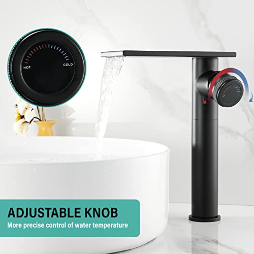 becola Modern Matte Black Bathroom Faucet，Tall Waterfall Faucet for Bathroom Sink，Single Hole Cold and Hot Basin Mixer Tap，Single Handle Vanity Faucet with Adjust Knobs and Two Supply Lines - color: Matte Black, size: Tall