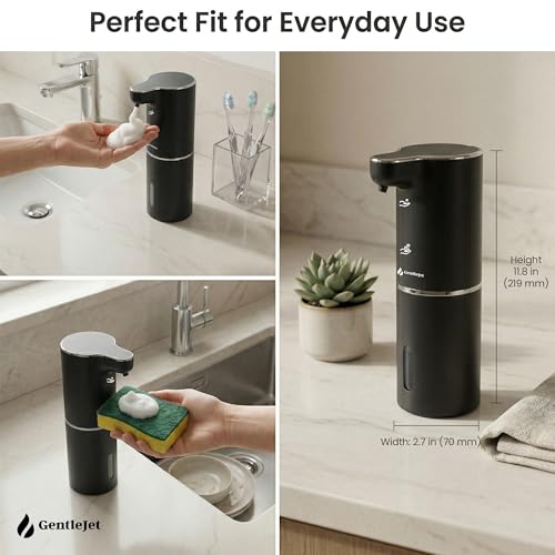 GentleJet JetFoam Automatic Foam Soap Dispenser Touchless Sensor, USB-C Rechargeable, Adjustable Output, IPX5 Waterproof, 300 ml, Bathroom & Kitchen Countertop - color: Black