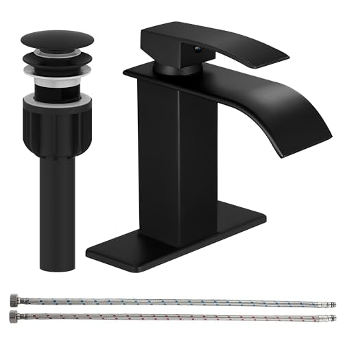 Sagetta Waterfall Bathroom Sink Faucet Single Hole Black with Three Hole Cover Deck Plate, Pop up Drain and Water Hoses Stainless Steel Vanity - color: Black, style: 1