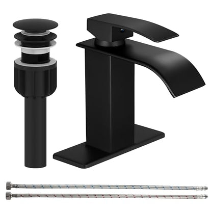 Sagetta Waterfall Bathroom Sink Faucet Single Hole Black with Three Hole Cover Deck Plate, Pop up Drain and Water Hoses Stainless Steel Vanity - color: Black, style: 1